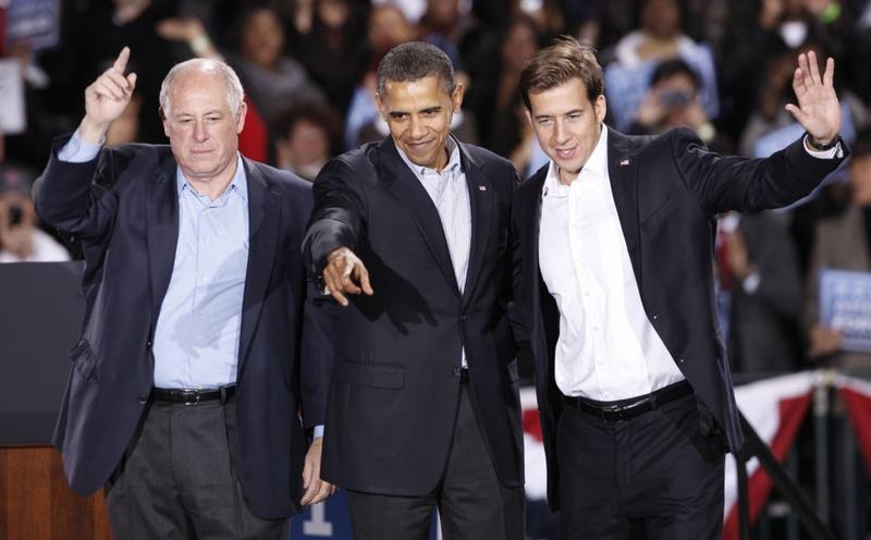 Illinois Governor Pat Quinn, President Barack Obama and Illinois State Treasure and US Senate Candidate Alexi Giannoulias wave to the crowd during the 'Moving America Forward' rally October 30, 2010.